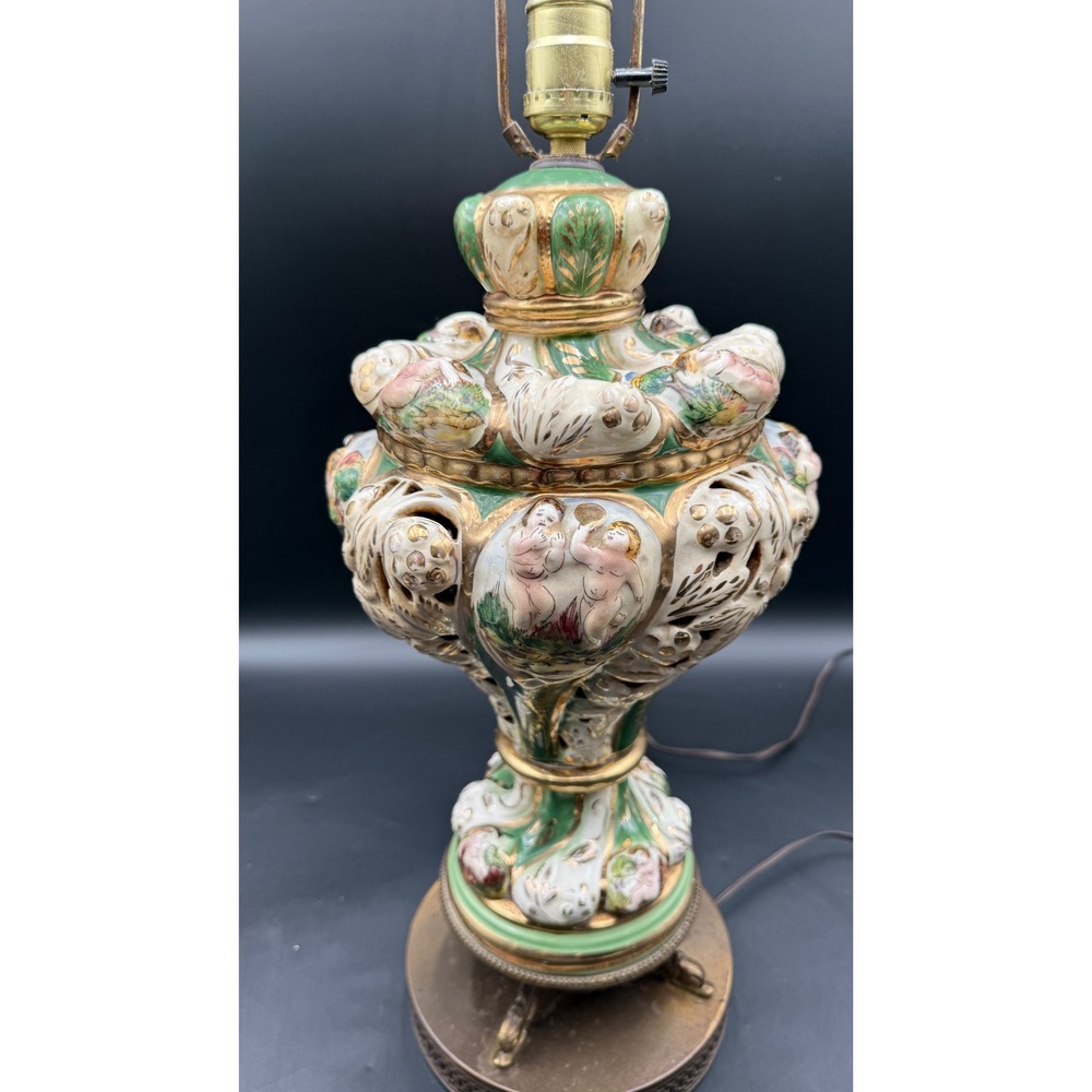 Vintage Capodimonte Porcelain Cherub Table Lamp Green Gold Reticulated Brass